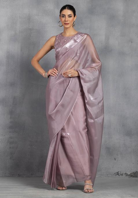 Mauve Shimmer Organza Pre-Stitched Saree With Hand Embroidered Blouse (Set of 2)