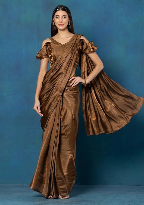 Copper Shimmer Satin Pre-Stitched Saree With Hand Embroidered Blouse (Set of 2)