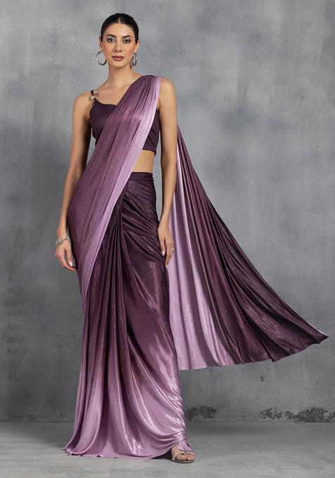 Purple Ombre Shimmer Lycra Pre-Stitched Saree With Blouse (Set of 2)