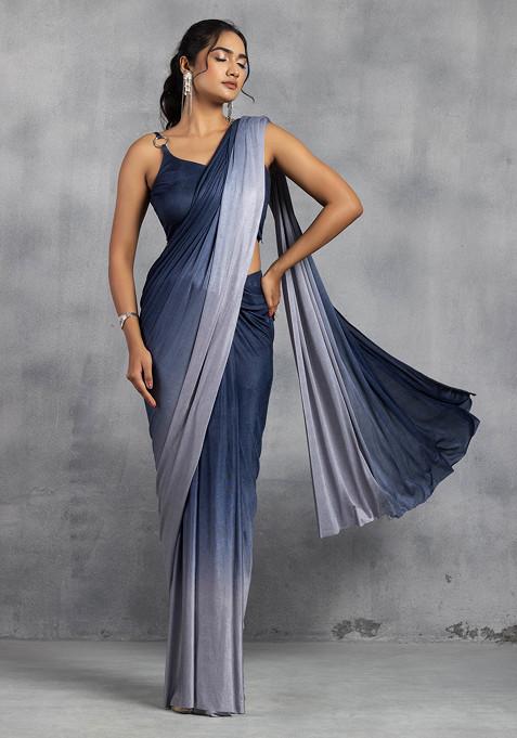 Navy Blue Ombre Shimmer Lycra Pre-Stitched Saree With Blouse (Set of 2)