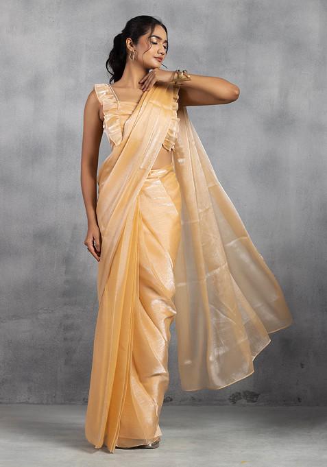 Peach Crushed Shimmer Organza Pre-Stitched Saree With Ruched Blouse (Set of 2)