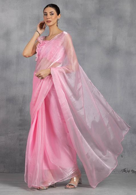 Light Pink Crushed Shimmer Organza Pre-Stitched Saree With Ruched Blouse (Set of 2)