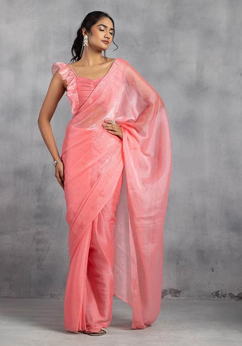 Coral Crushed Shimmer Organza Pre-Stitched Saree With Ruched Blouse (Set of 2)