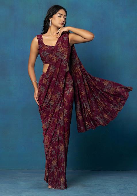 Wine Floral Print Shimmer Lycra Pre-Stitched Saree With Embellished Blouse (Set of 2)