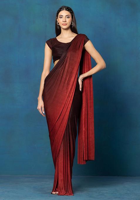 Red Ombre Shimmer Lycra Pre-Stitched Saree With Blouse (Set of 2)