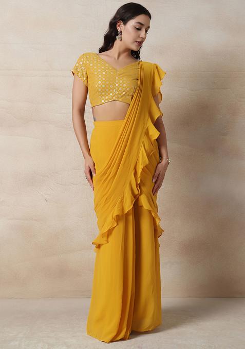 Mustard Yellow Ruffled Pre-Stitched Saree With Foil Blouse (Set of 2)