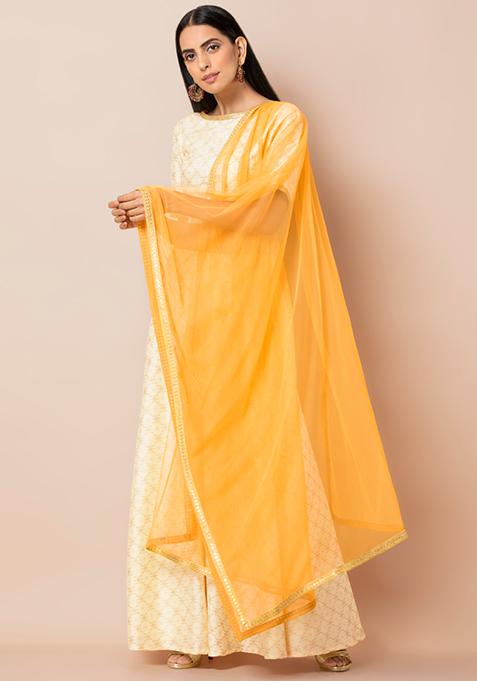 Buy Women Mustard Gold Lace Border Net Dupatta - RTW - Indya
