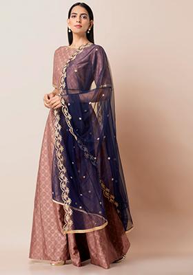 Navy Embroidered Scalloped Net Dupatta