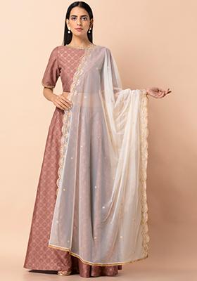 Ivory Embroidered Scalloped Net Dupatta