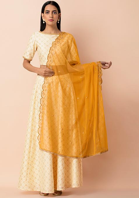 Buy Women Mustard Embroidered Scalloped Net Dupatta - RTW - Indya