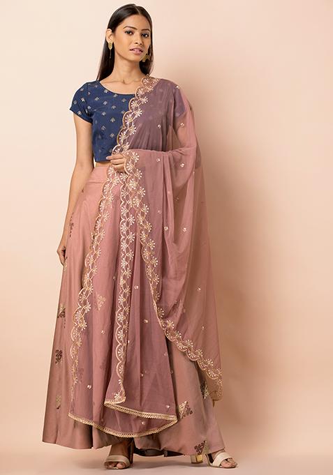Rose Embroidered Scalloped Net Dupatta