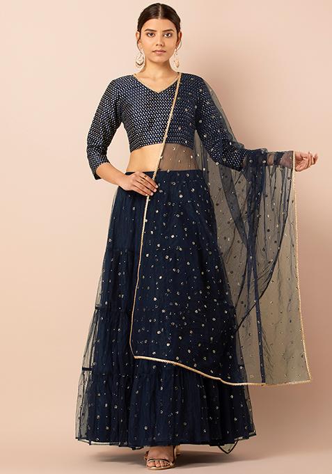 Buy Women Navy Mukaish Kingari Gota Mesh Dupatta - RTW - Indya