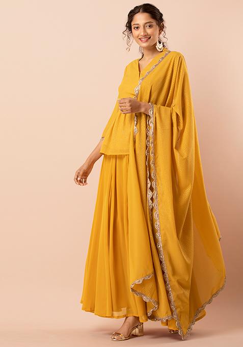 Buy Women Mustard Mukaish Zari Lace Georgette Dupatta - RTW - Indya