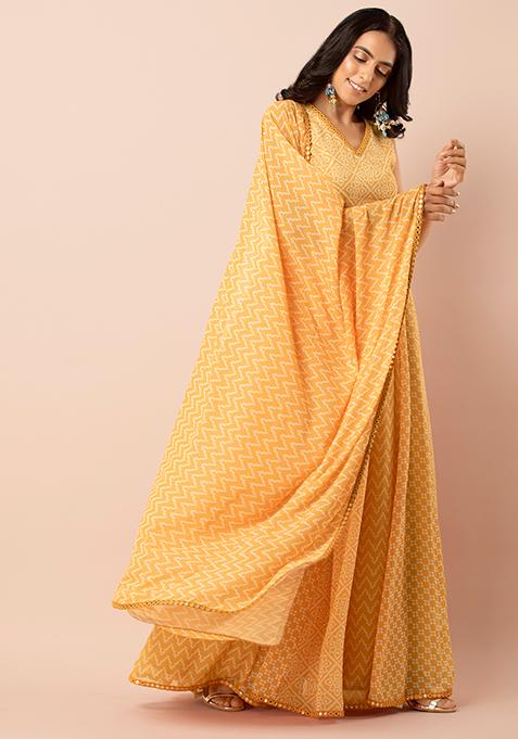 Buy Women Yellow Bandhani Mirror Lace Georgette Dupatta - RTW - Indya