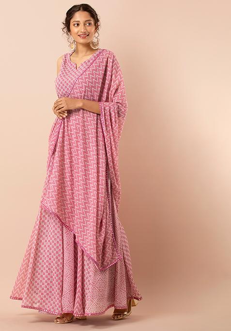 Buy Women Pink Bandhani Mirror Lace Georgette Dupatta - RTW - Indya