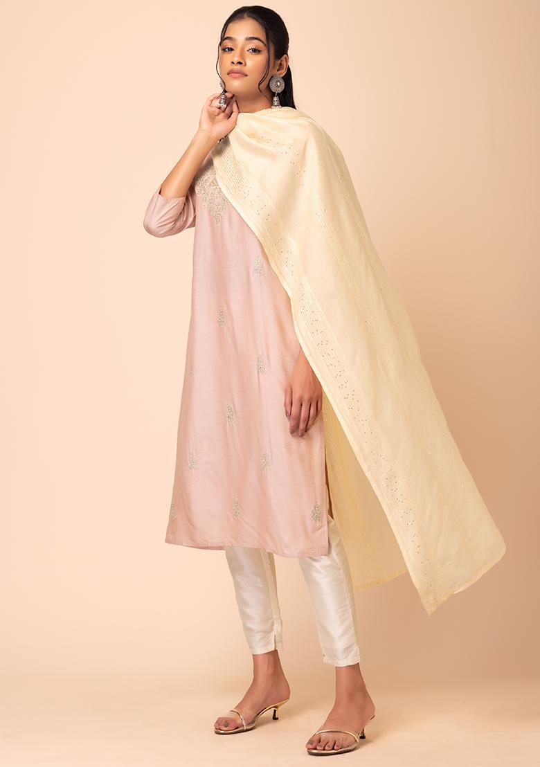 Ivory Sequin Embroidered Chanderi Dupatta - Indya