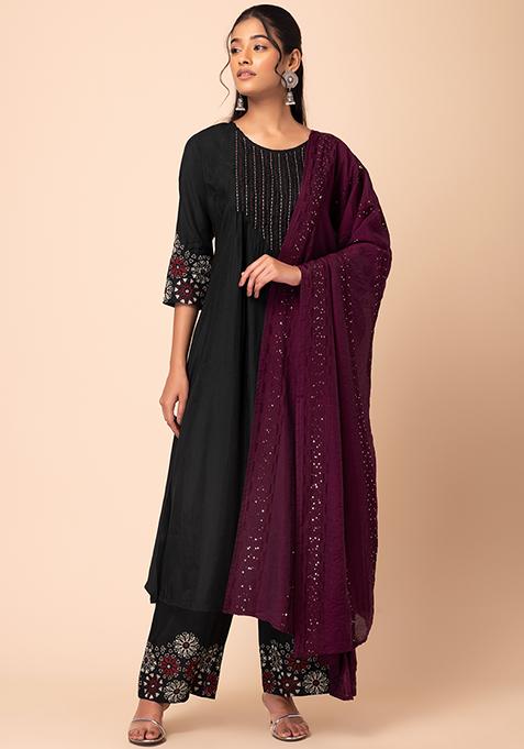 Black Chanderi Silk Embroidered Dupatta