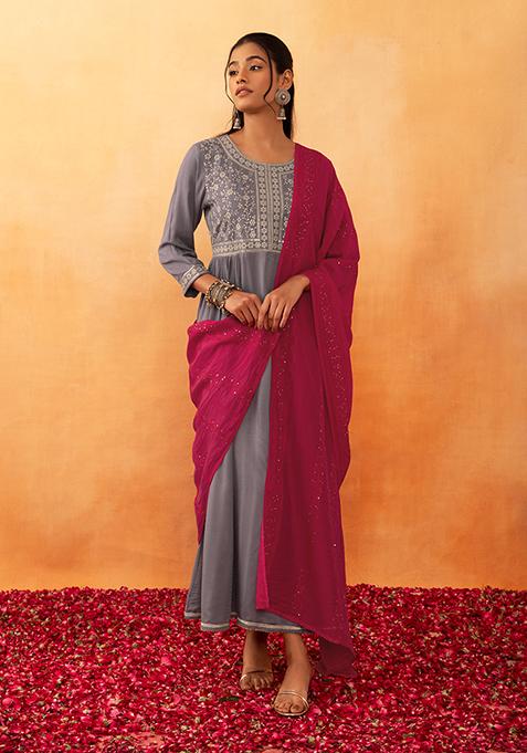 Fuchsia Pink Sequins And Thread Embroidered Chanderi Dupatta 