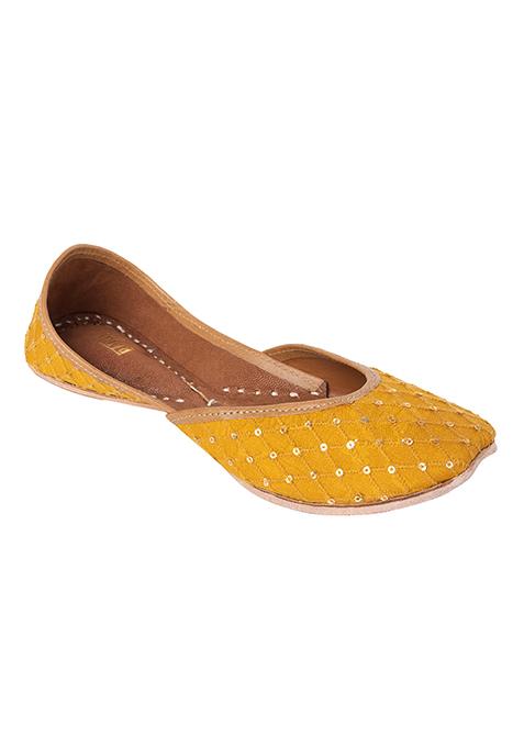 Mustard And Gold Sequin Check Embroidered Jutti