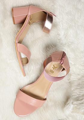 Light Pink Metallic Ankle Strap Block Heels
