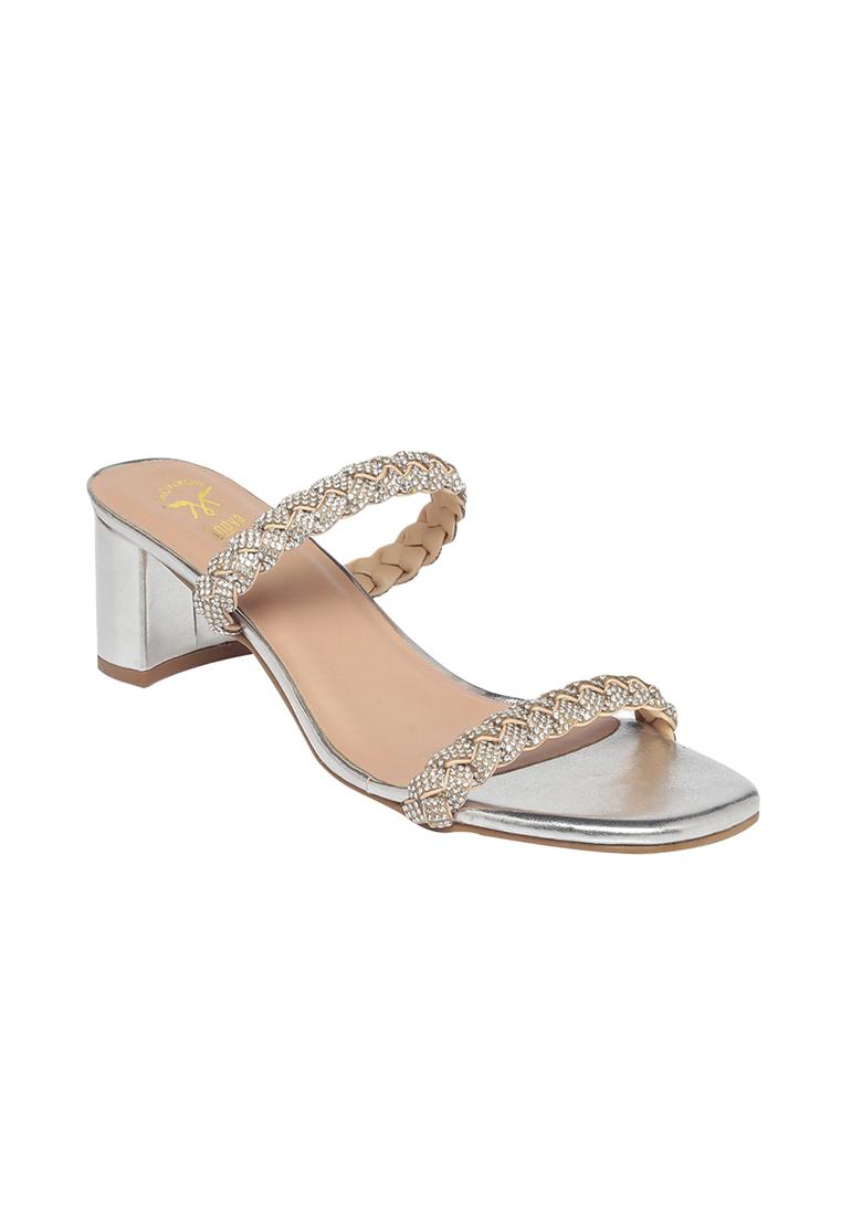 Silver Braided Strap Block Heels