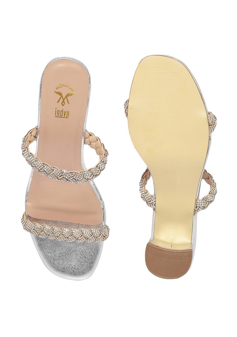 Silver Braided Strap Block Heels