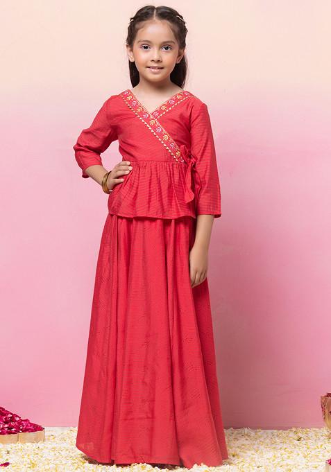 Dark Pink Embroidered Neck Angrakha Top
