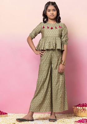 Green Floral Boota Print Peplum Top