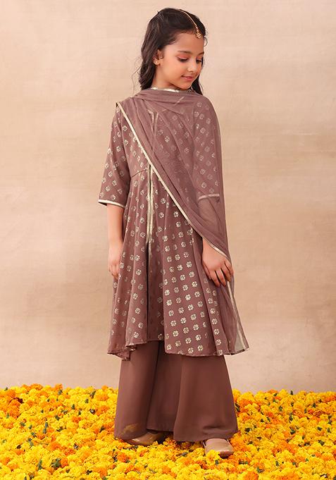 Dusty Pink Foil Print Flared Kurta With Pants And Dupatta (Set of 3)