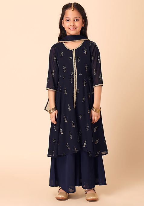 Buy Women Navy Blue Foil Print Flared Kurta With Pants And Dupatta Set Of Kurta Indya