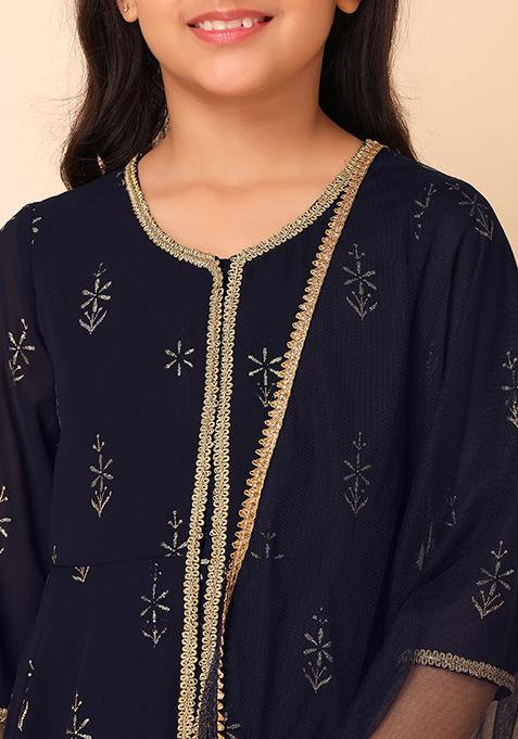 Buy Women Navy Blue Foil Print Flared Kurta With Pants And Dupatta Set Of Kurta Indya