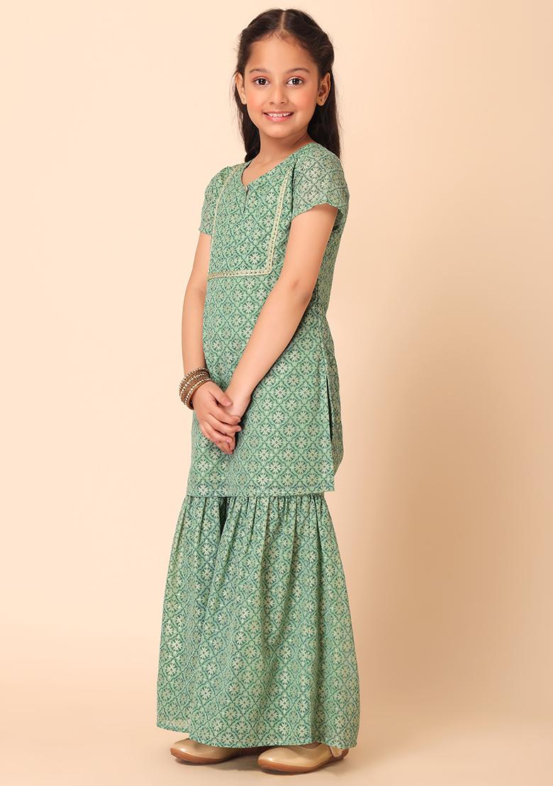 Light Green Sharara With Kurta And Dupatta (Set of 3)