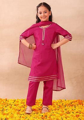 Hot Pink Lace Detail Kurta With Pants And Dupatta (Set of 3)