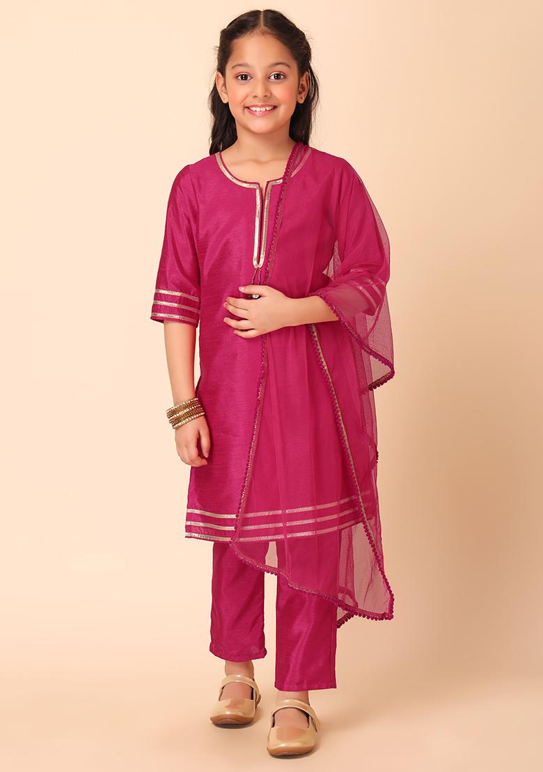 Hot Pink Lace Detail Kurta With Pants And Dupatta (Set of 3)