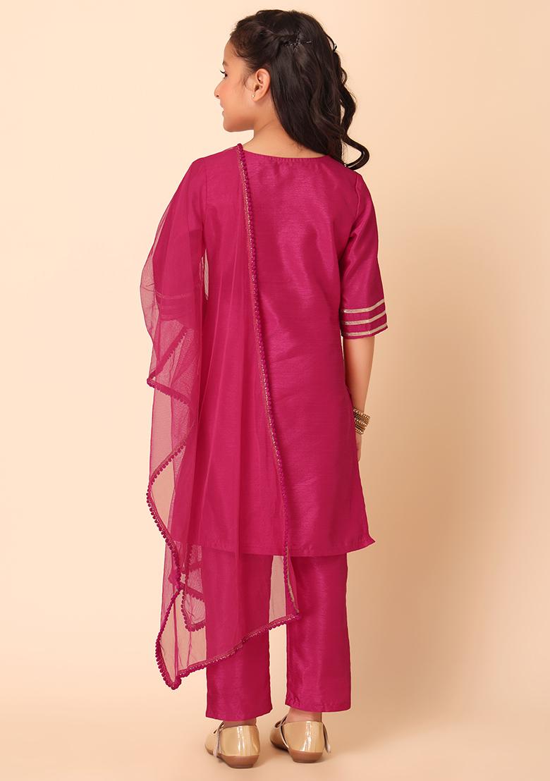Hot Pink Lace Detail Kurta With Pants And Dupatta (Set of 3)
