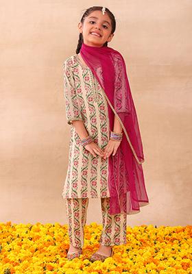 Ivory Floral Print Kurta With Pants And Dupatta (Set of 3)