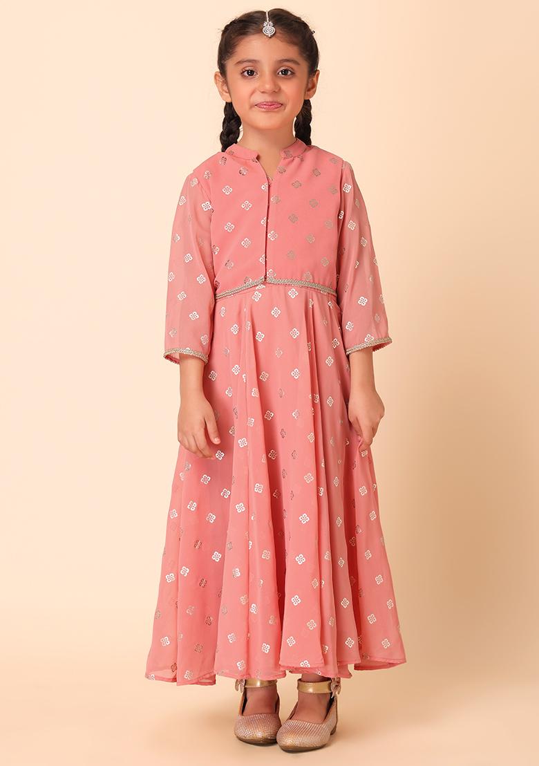 Peach Floral Foil Print Kurta And Short Jacket (Set of 2)