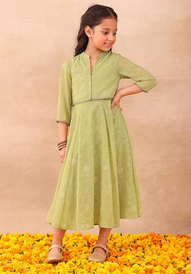 Light Green Floral Foil Print Kurta And Short Jacket (Set of 2)