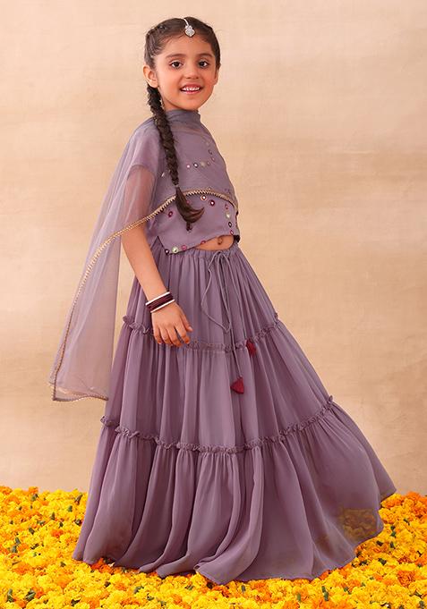 Lilac Tiered Lehenga With Blouse And Dupatta (Set of 3)