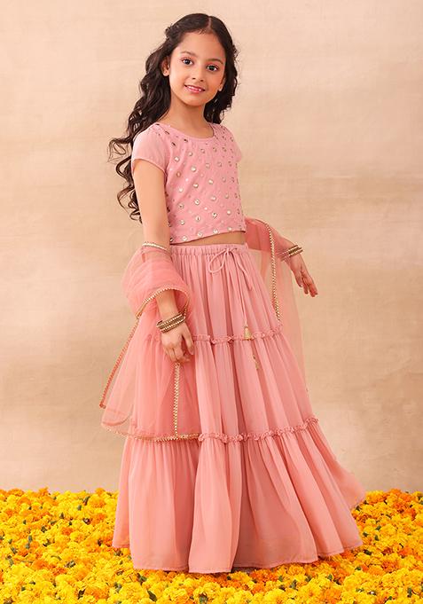 Light Pink Tiered Lehenga With Blouse And Dupatta (Set of 3)