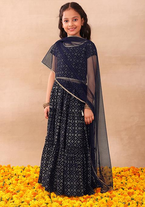 Navy Blue Foil Print Tiered Lehenga With Blouse And Dupatta (Set of 3)