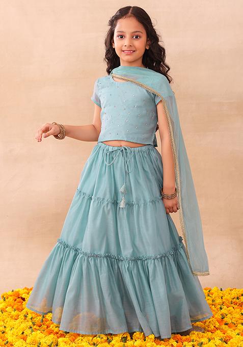 Pastel Blue Tiered Lehenga With Blouse And Dupatta (Set of 3)