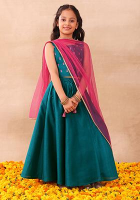 Buy ETHNOS Fashion Girl Taffeta Silk Semi Stitched Lehenga Choli | Girls  Lehenga Free size 9-14 years | (9-10 Years, Blue) at Amazon.in