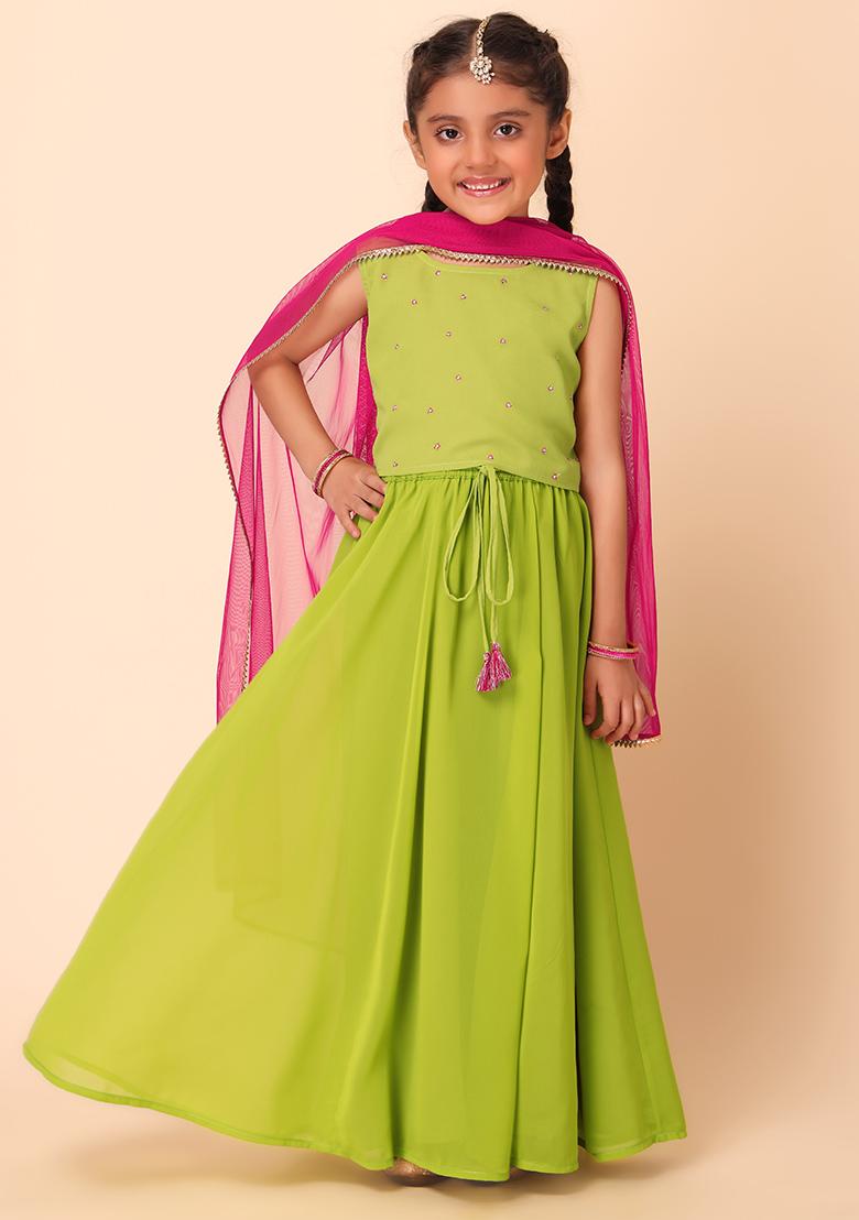 Light Green Lehenga With Embroidered Blouse And Dupatta (Set of 3)