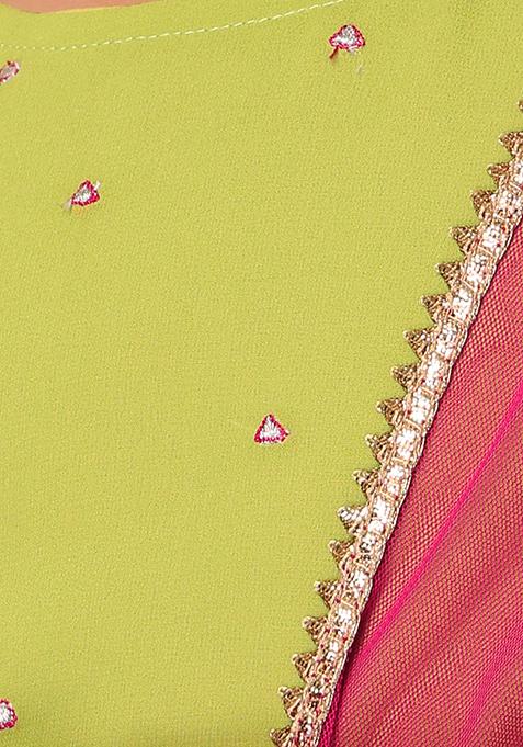 Light Green Lehenga With Embroidered Blouse And Dupatta (Set of 3)