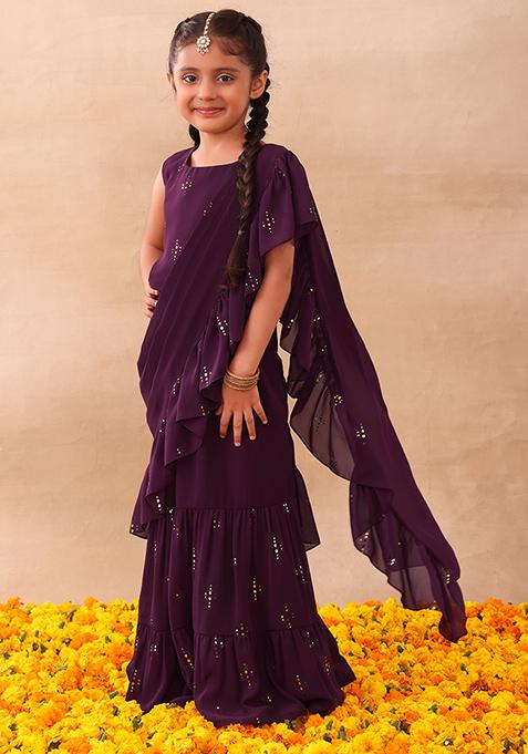 Purple Embroidered Ruffled Pre-Stitched Saree And Blouse (Set of 2)