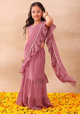 Pink Ruffled  Pre-Stitched Saree And Floral Print Blouse (Set of 2)