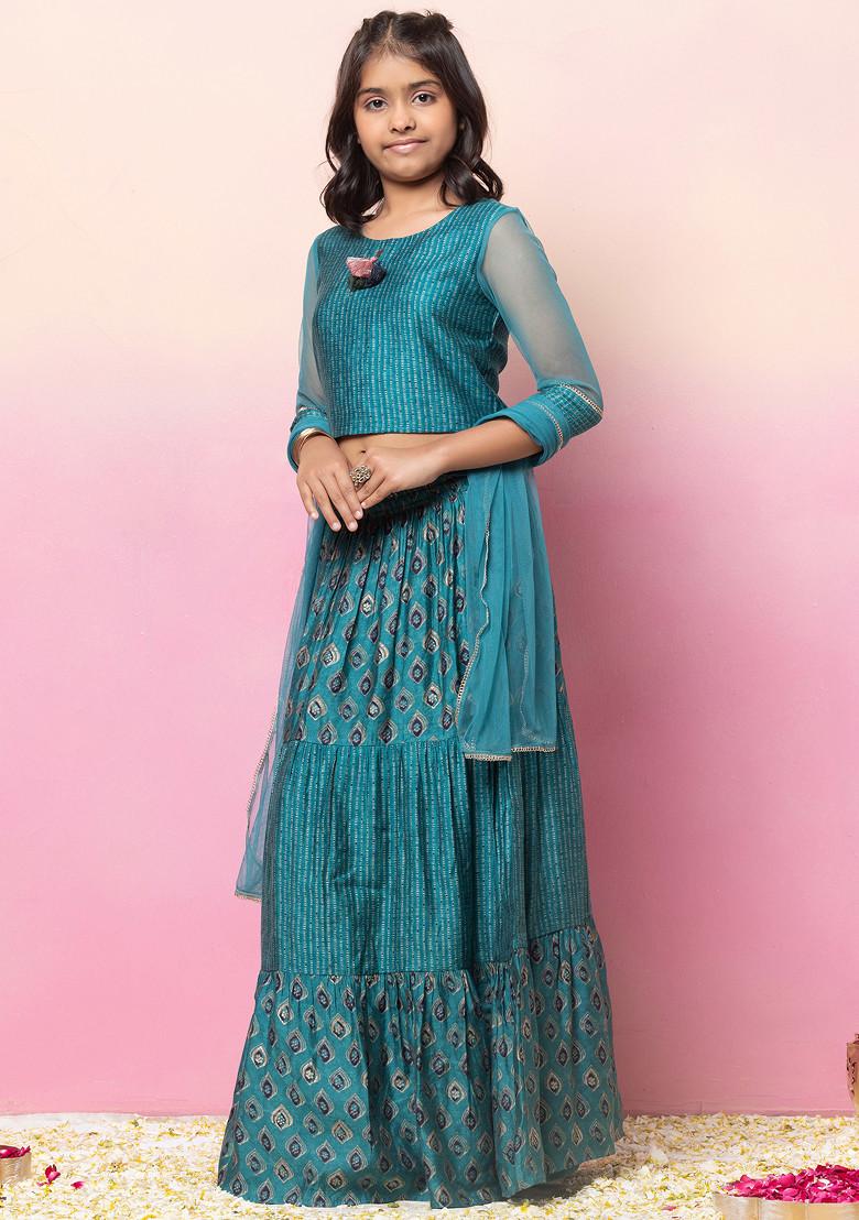 Turquoise Printed Tiered Lehenga With Blouse And Dupatta (Set of 3)
