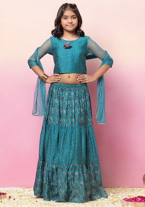 Turquoise Printed Tiered Lehenga With Blouse And Dupatta (Set of 3)