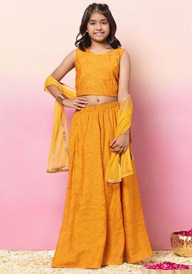 Yellow Printed Lehenga With Embroidered Blouse And Mesh Dupatta (Set of 3)